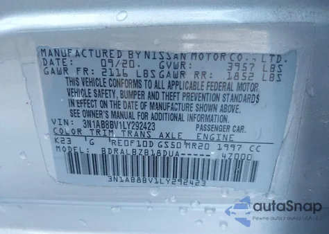 2020 Nissan Sentra S Xtronic Cvt из США, поврежденный, VIN 3N1AB8BV1LY292423